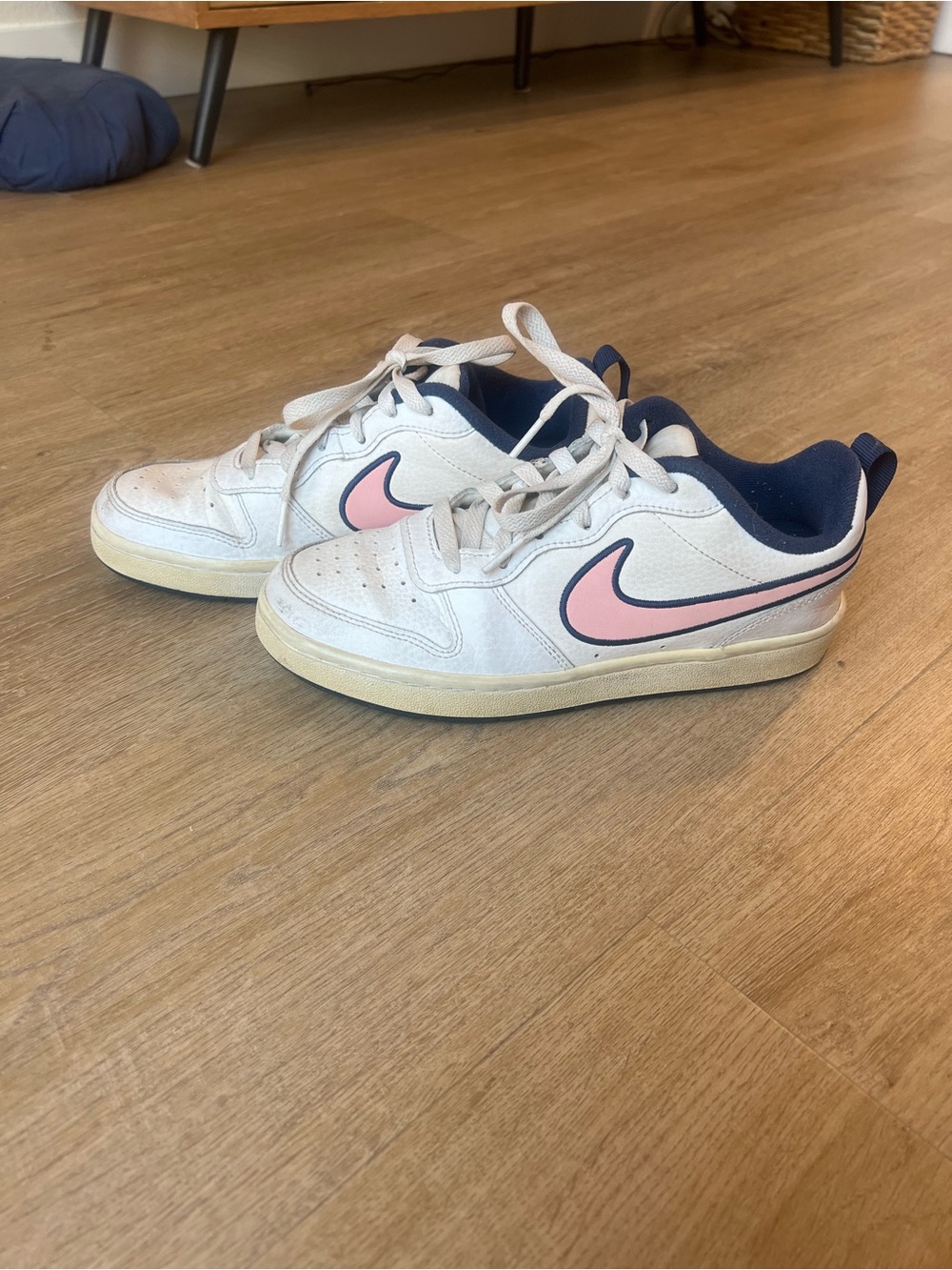 Nike Kids White Sneakers with Pink Swoosh and Navy Trim